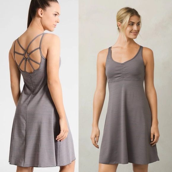 Prana Women's M Gray Pink Striped Dreaming Dress Athleisure Shelf Bra Strappy - Picture 1 of 11